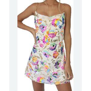 Sequined Floral Mini Dress Sz S Chain Strap womens parties festivals sheer mesh